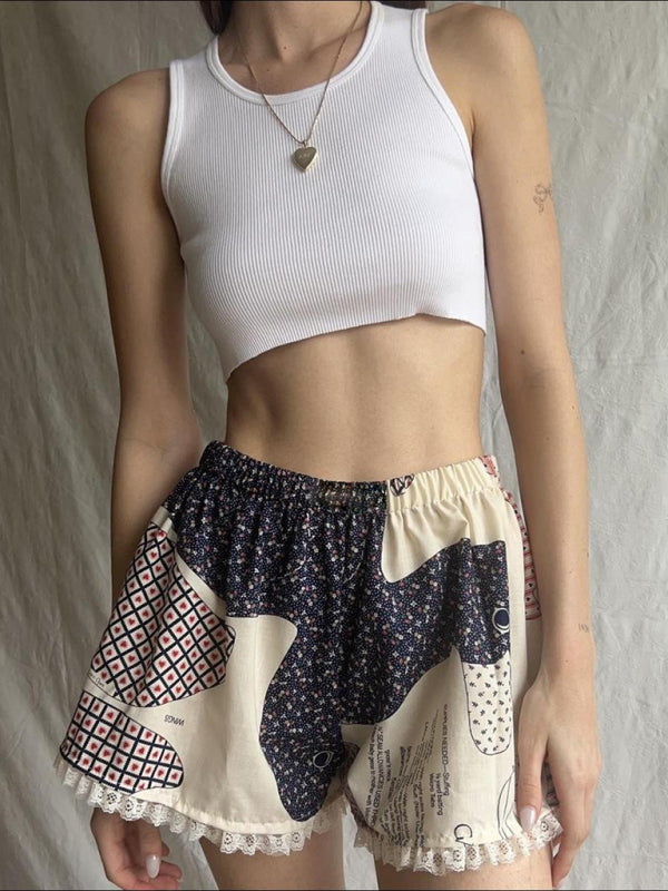 Lace Spliced Printed Outerwear Shorts – Lightweight Spring Summer Lounge Bottoms
