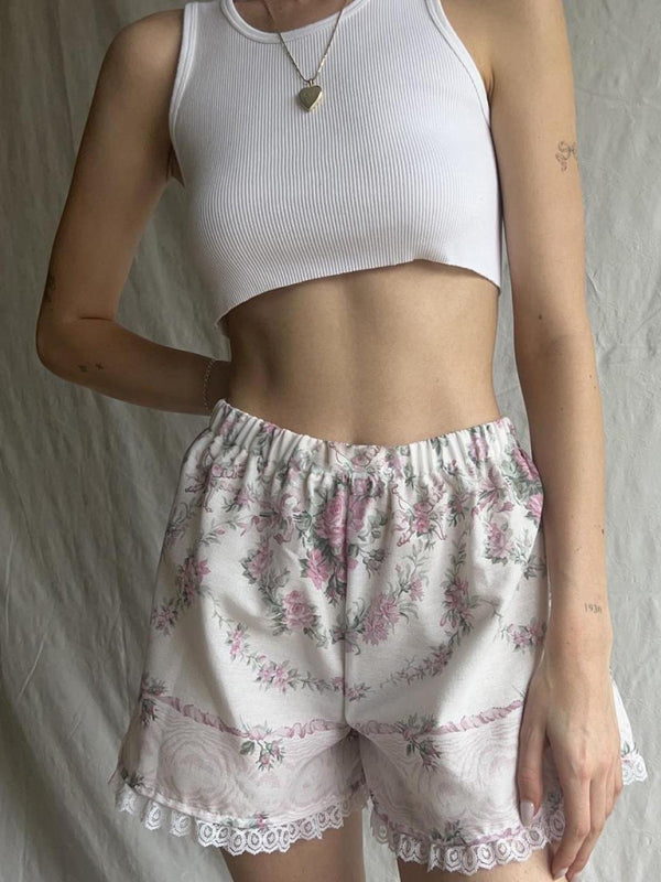 Lace Spliced Printed Outerwear Shorts – Lightweight Spring Summer Lounge Bottoms