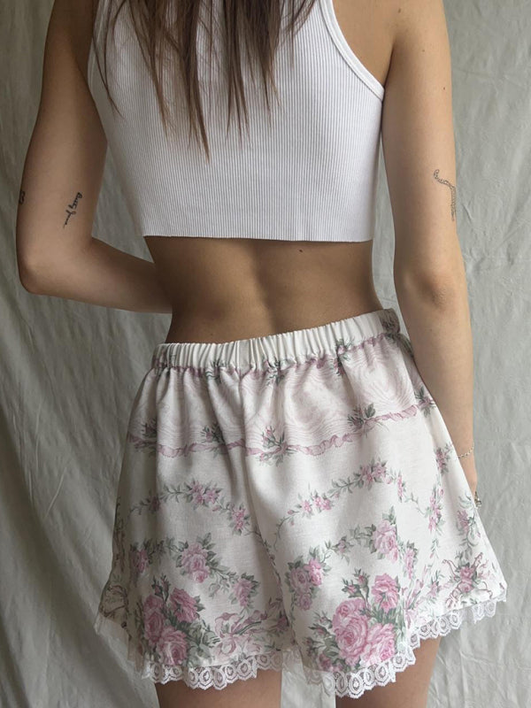 Lace Spliced Printed Outerwear Shorts – Lightweight Spring Summer Lounge Bottoms