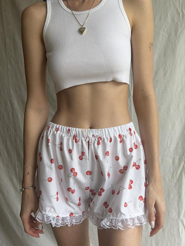 Lace Spliced Printed Outerwear Shorts – Lightweight Spring Summer Lounge Bottoms