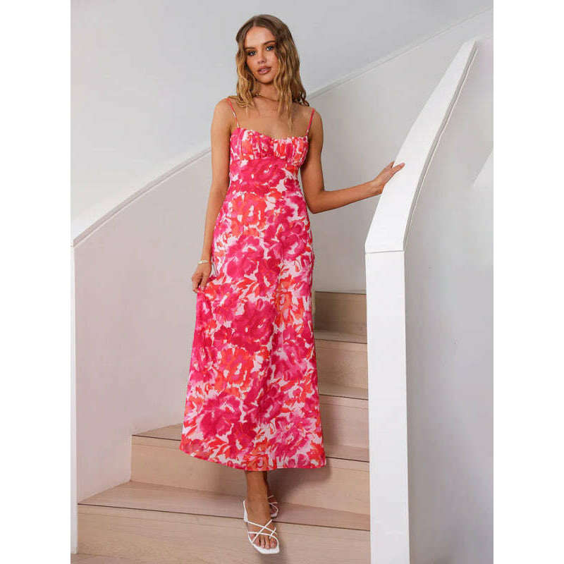 فستان ماكسي فرنسي منخفض الظهر بحمالات رفيعة – ظهر جميل بطبعة كاملة ابتسامة ماريا --- كل شيء للنساء 34652392