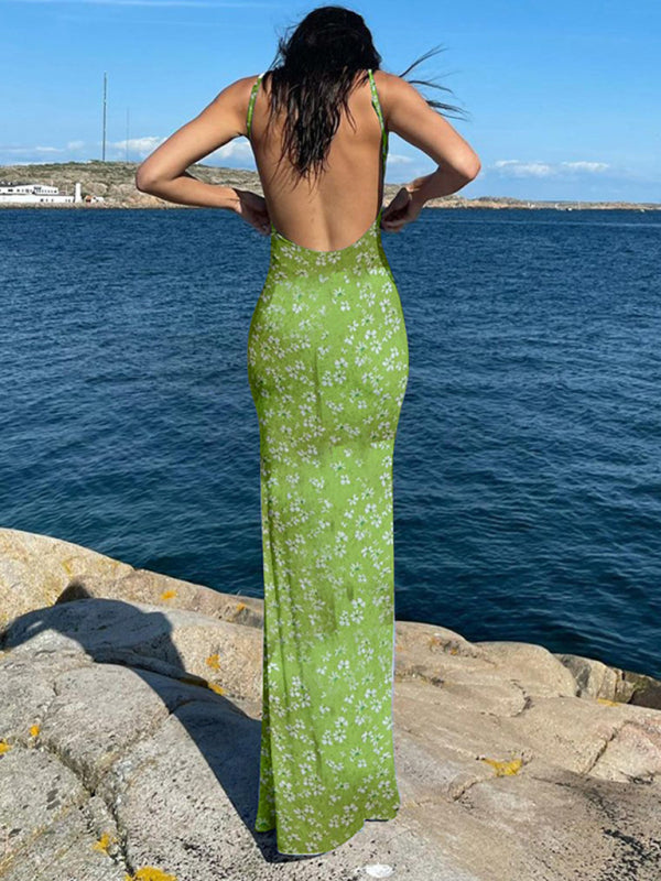 Floral Backless Slim Fit Midi Dress – Spaghetti Straps & Romantic Print