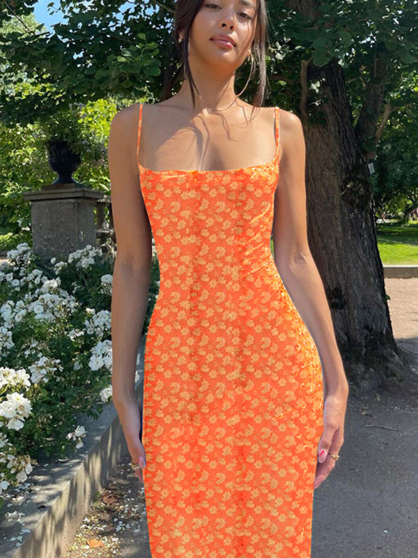 Floral Backless Slim Fit Midi Dress – Spaghetti Straps & Romantic Print