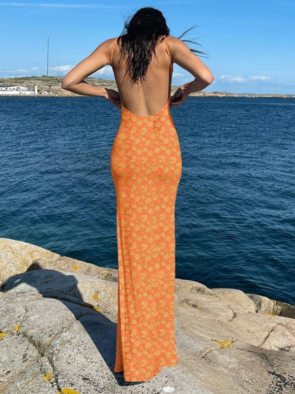 Floral Backless Slim Fit Midi Dress – Spaghetti Straps & Romantic Print