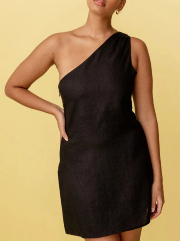Solid Slant Shoulder Casual Dress – Lightweight, Relaxed Fit for Spring & Summer