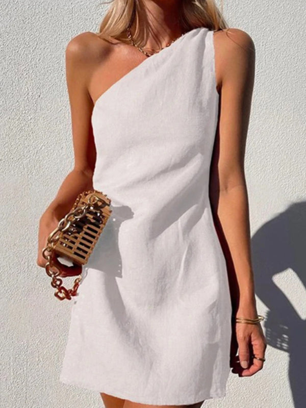 Solid Slant Shoulder Casual Dress – Lightweight, Relaxed Fit for Spring & Summer