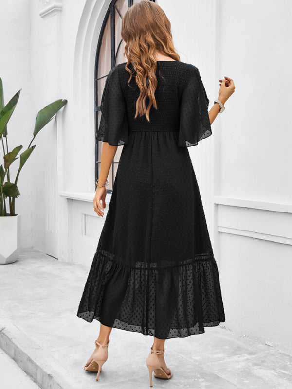 Solid Color V-Neck Midi Dress – Lightweight Jacquard Fabric | Sailing Maria