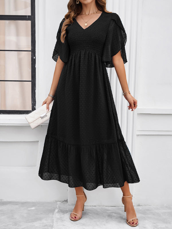 Solid Color V-Neck Midi Dress – Lightweight Jacquard Fabric | Sailing Maria