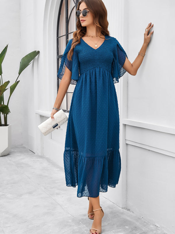 Solid Color V-Neck Midi Dress – Lightweight Jacquard Fabric | Sailing Maria