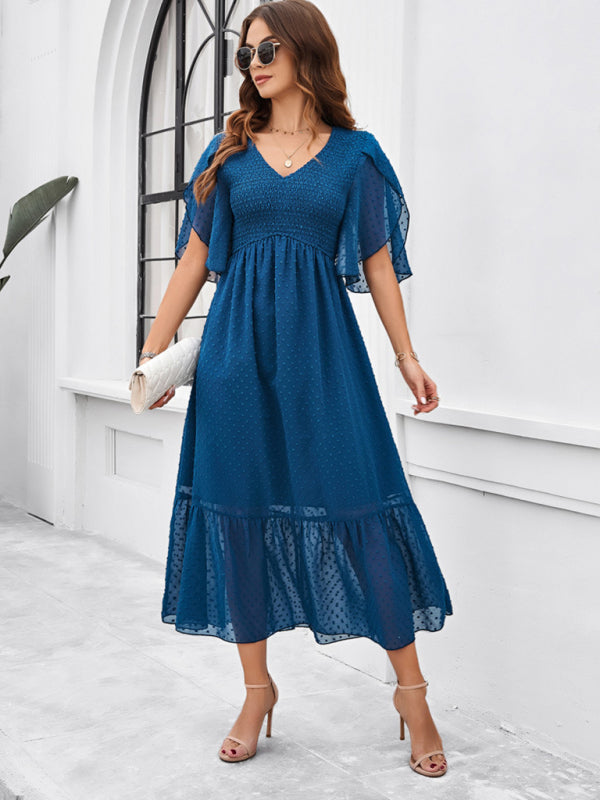 Solid Color V-Neck Midi Dress – Lightweight Jacquard Fabric | Sailing Maria