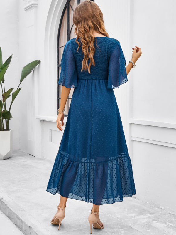 Solid Color V-Neck Midi Dress – Lightweight Jacquard Fabric | Sailing Maria