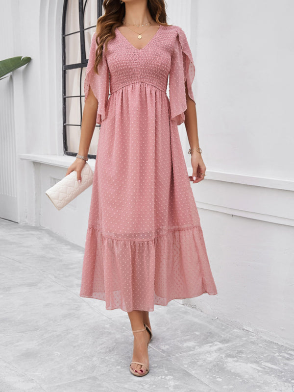 Solid Color V-Neck Midi Dress – Lightweight Jacquard Fabric | Sailing Maria