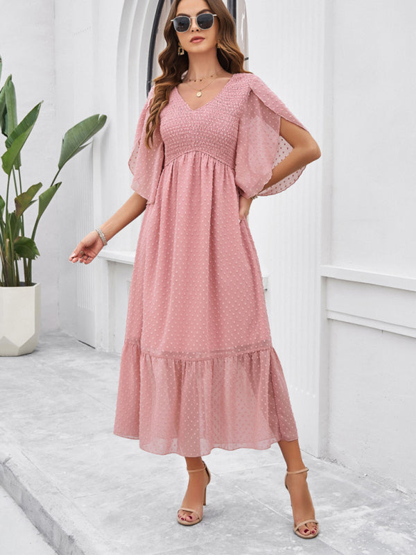 Solid Color V-Neck Midi Dress – Lightweight Jacquard Fabric | Sailing Maria