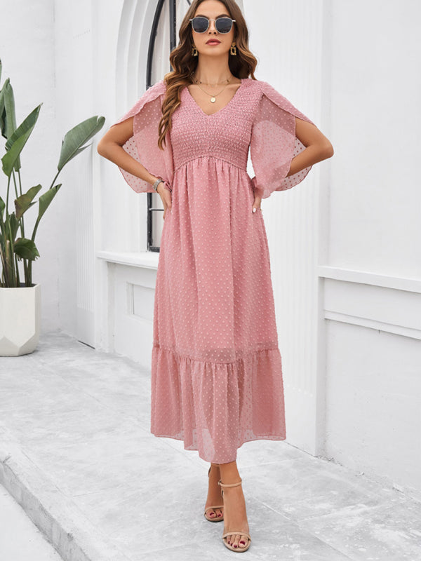 Solid Color V-Neck Midi Dress – Lightweight Jacquard Fabric | Sailing Maria