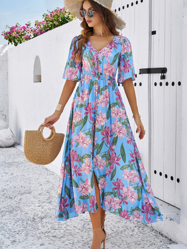 Romantic Floral Slit Maxi Dress – Spring & Summer Vacation Style