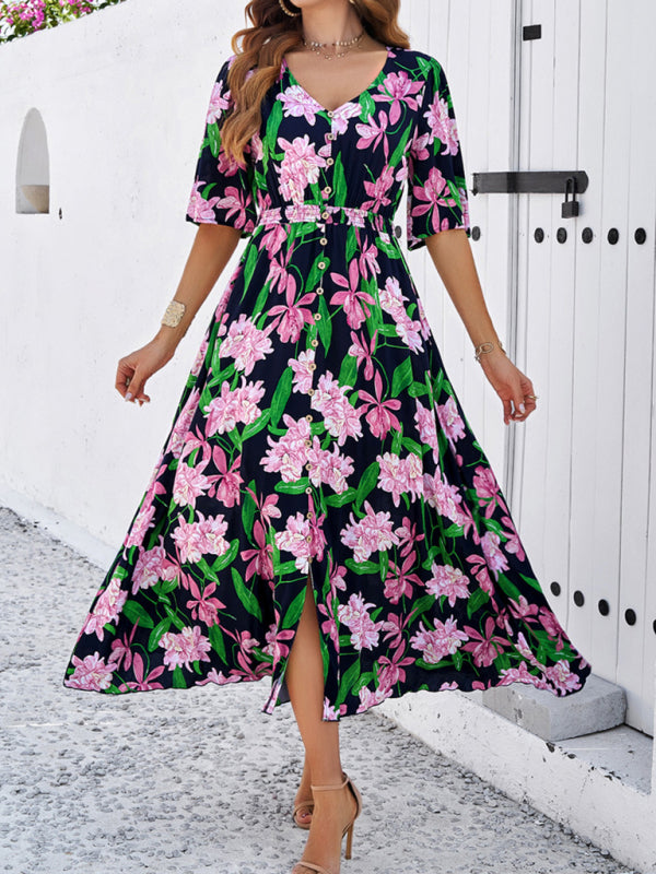 Romantic Floral Slit Maxi Dress – Spring & Summer Vacation Style