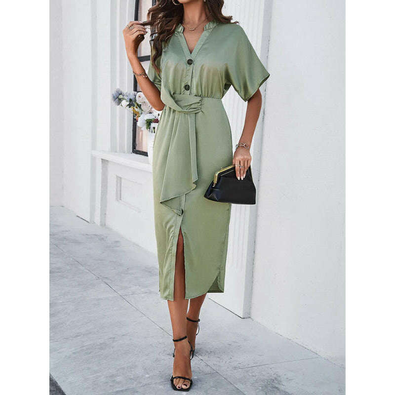 فستان بأكمام قصيرة وياقة على شكل حرف V بلون موحد – أنيق لربيع وصيف متوسط الطول - ماريا المبتسمة - كل شيء للنساء 34651152