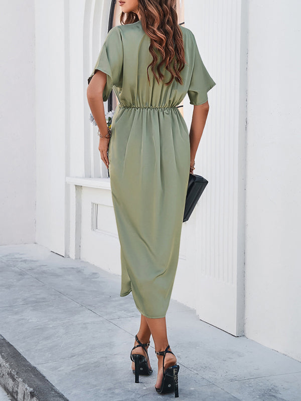 Solid V-Neck Short Sleeve Dress – Elegant Spring Summer Midi