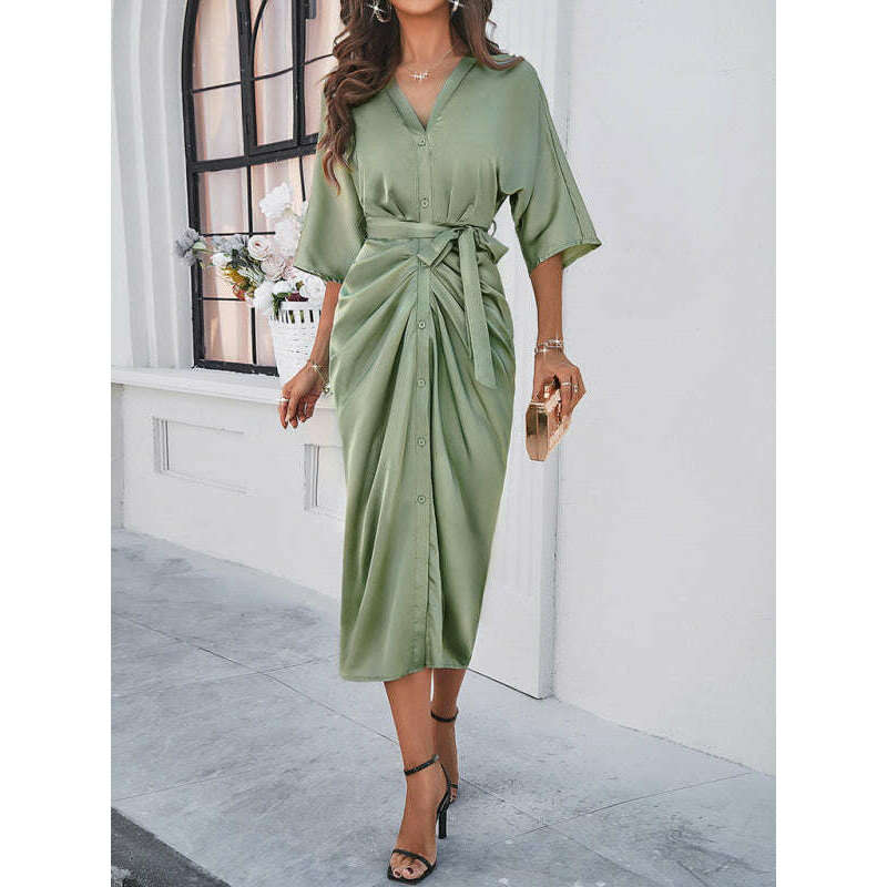 فستان أنيق بلون صلب يحدد الخصر – أنماط ربيعية صيفية رشيقة ابتسامة ماريا - كل شيء للنساء 34651148