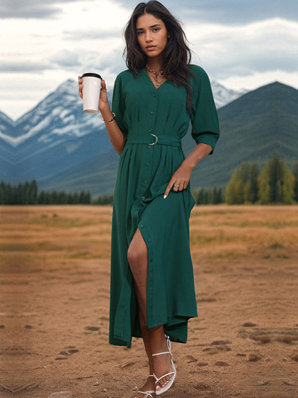 V-Neck Mid-Sleeve Green Belted Dress – Elegant Spring-Summer Fit