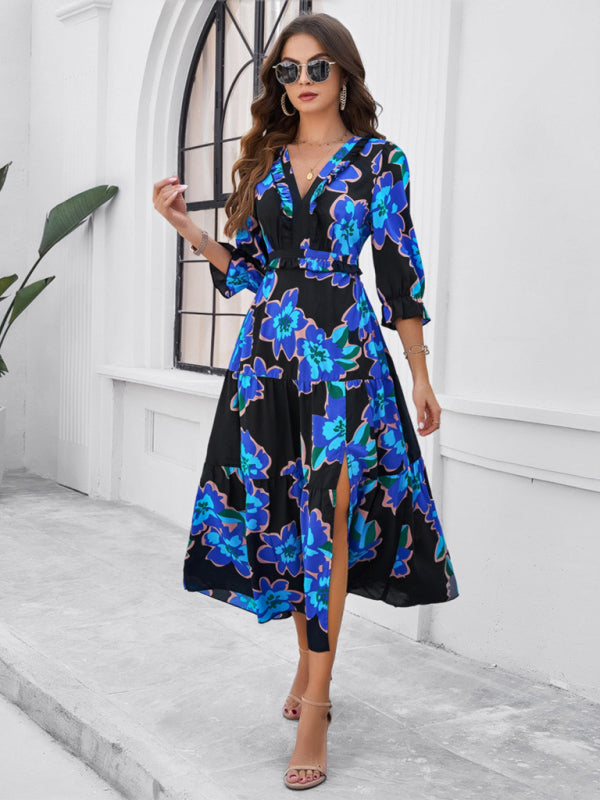 Printed V-Neck Slit Maxi Dress – Spring-Summer Holiday Style