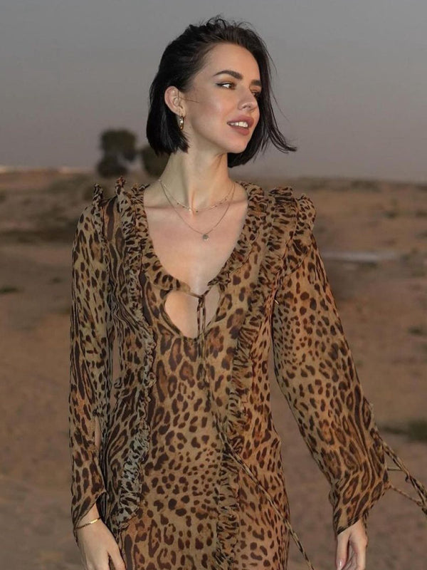 Leopard Print Maxi Dress with Slit & Long Sleeves
