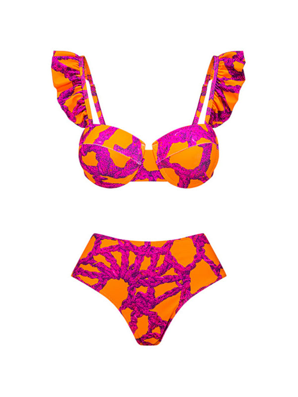 Printed Triangle Bikini Set – High-Waisted Fit in Pinkpurple