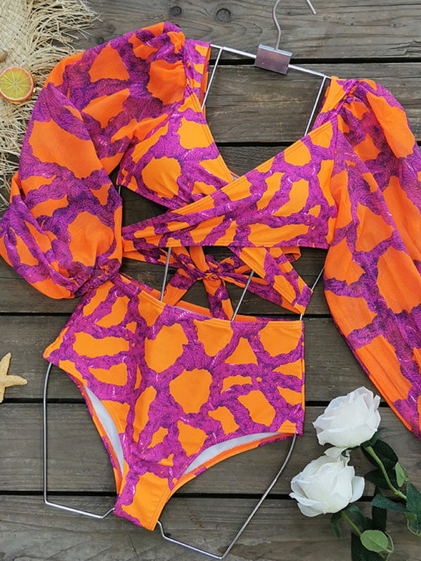 Printed Long Sleeve Bikini Set – Tropical Pattern & Moderate Stretch