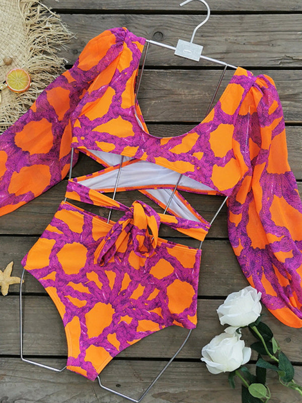 Printed Long Sleeve Bikini Set – Tropical Pattern & Moderate Stretch