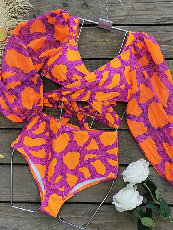 Printed Long-Sleeve Bikini 3-Piece Set – Top, Pants & Skirt in Pink