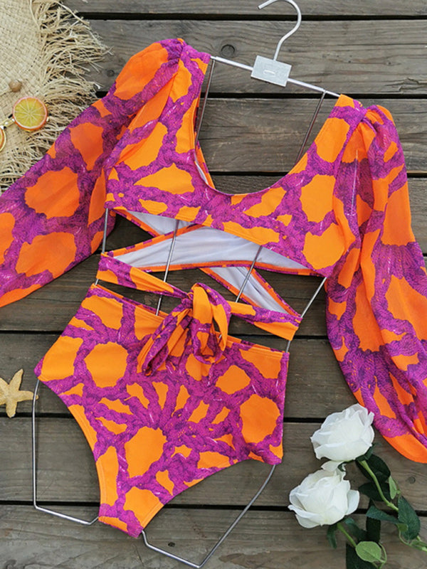 Printed Long-Sleeve Bikini 3-Piece Set – Top, Pants & Skirt in Pink