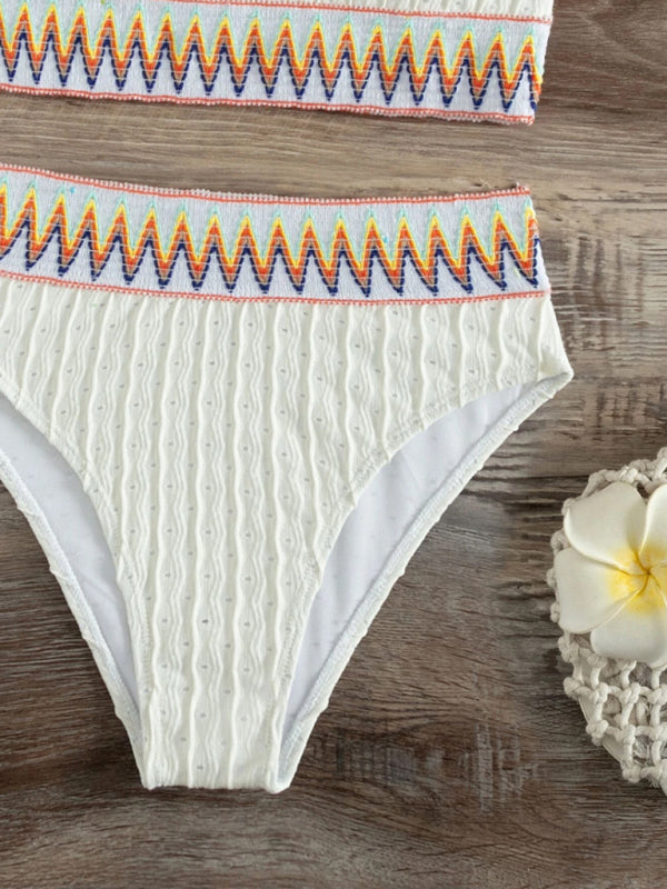 High-Waisted Slanted Shoulder Bikini Set – Solid White, Moderate Stretch