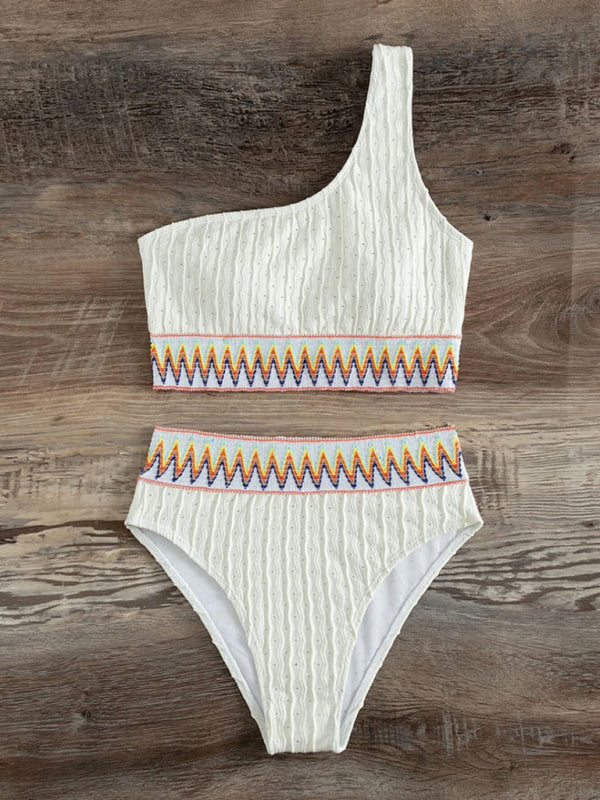 High-Waisted Slanted Shoulder Bikini Set – Solid White, Moderate Stretch