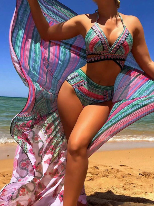Boho Digital Print High-Waisted Bikini Set with Sheer Shawl – 3-Piece Swimwear