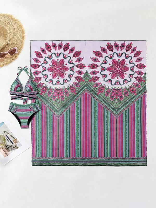 Boho Digital Print High-Waisted Bikini Set with Sheer Shawl – 3-Piece Swimwear