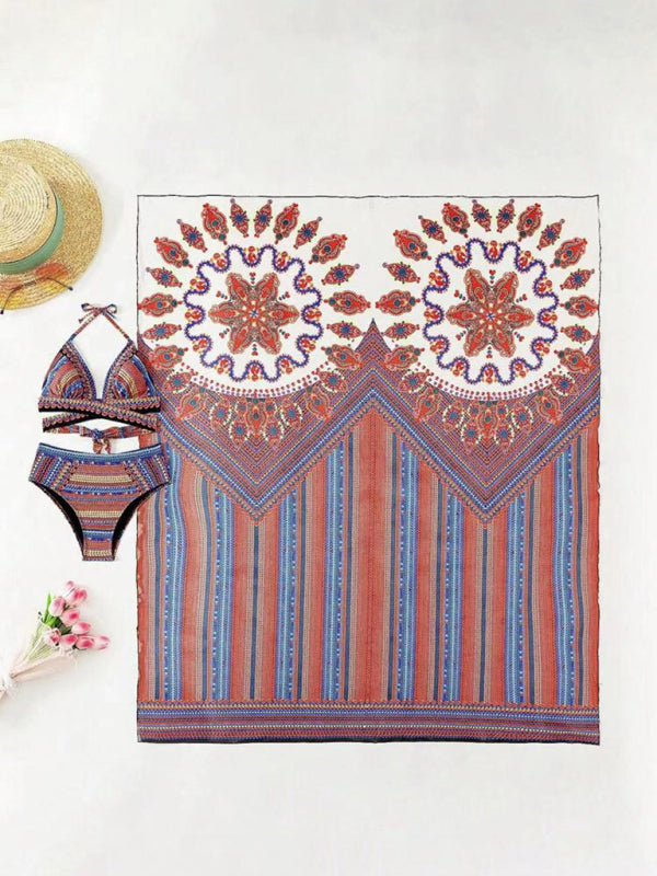 Boho Digital Print High-Waisted Bikini Set with Sheer Shawl – 3-Piece Swimwear