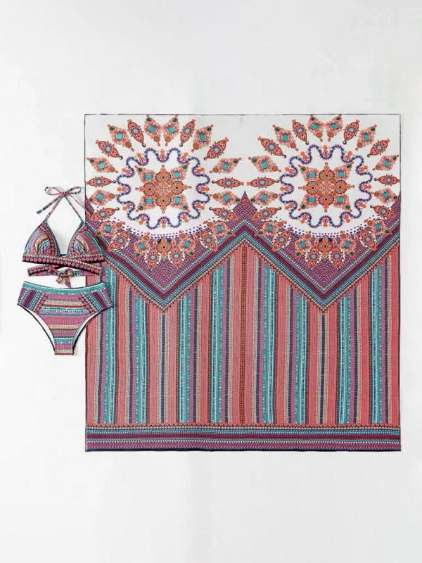 Boho Digital Print High-Waisted Bikini Set with Sheer Shawl – 3-Piece Swimwear