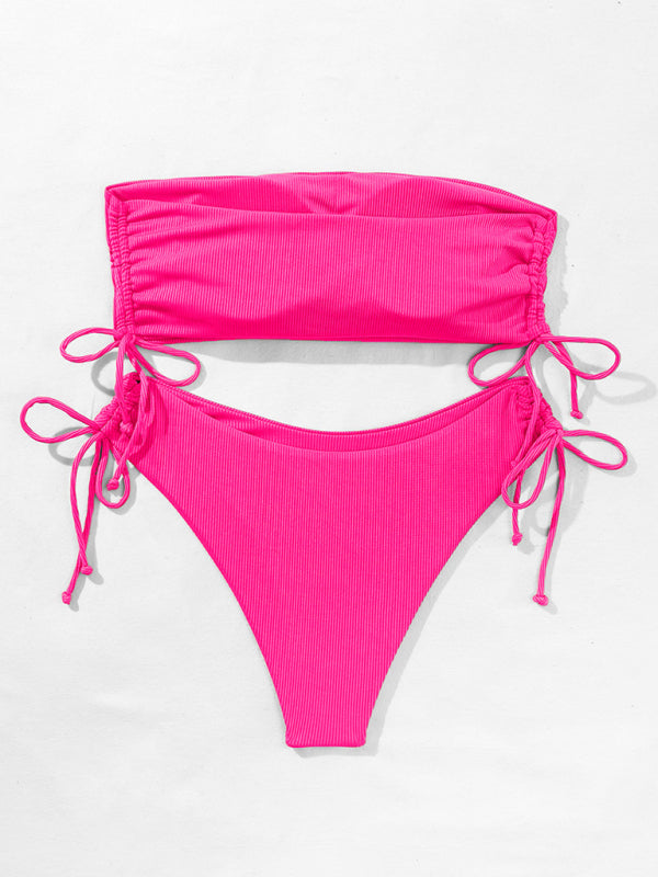 Split Bandeau Strap Bikini – Solid Color Two-Piece Swimsuit in Multiple Shades