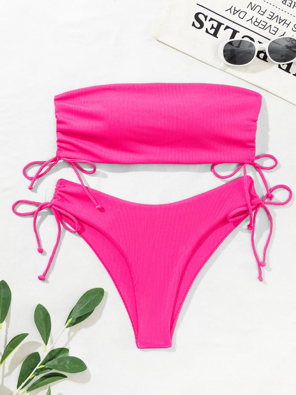 Split Bandeau Strap Bikini – Solid Color Two-Piece Swimsuit in Multiple Shades