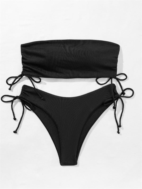 Split Bandeau Strap Bikini – Solid Color Two-Piece Swimsuit in Multiple Shades