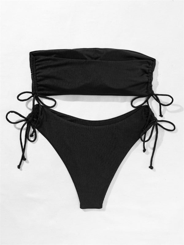 Split Bandeau Strap Bikini – Solid Color Two-Piece Swimsuit in Multiple Shades