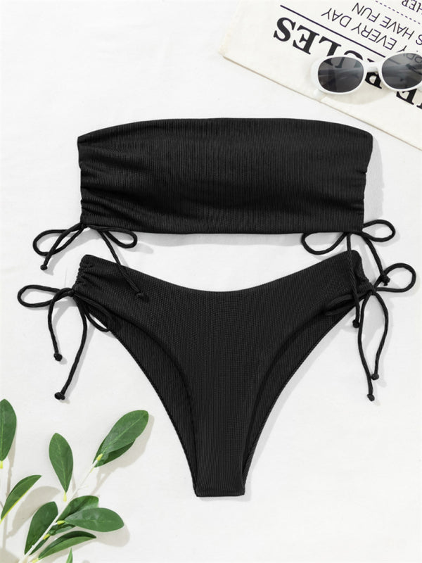 Split Bandeau Strap Bikini – Solid Color Two-Piece Swimsuit in Multiple Shades
