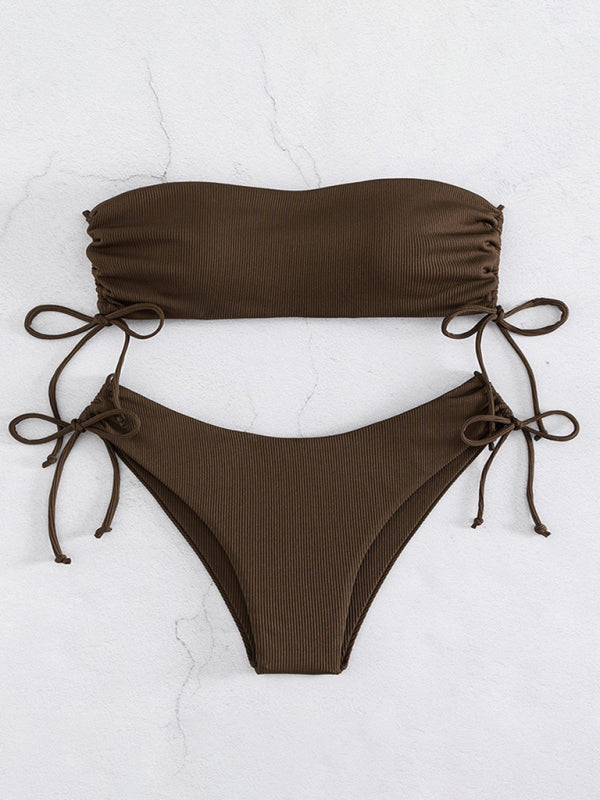 Split Bandeau Strap Bikini – Solid Color Two-Piece Swimsuit in Multiple Shades