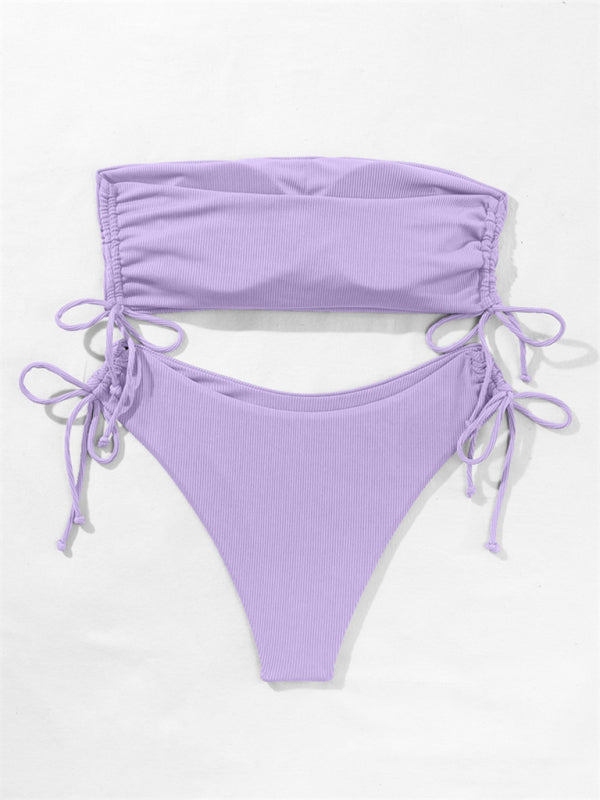 Split Bandeau Strap Bikini – Solid Color Two-Piece Swimsuit in Multiple Shades
