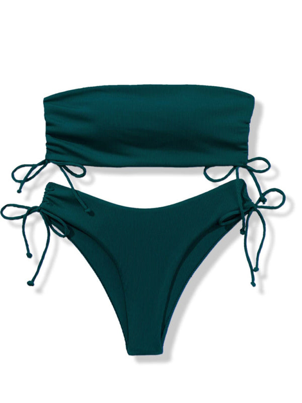 Split Bandeau Strap Bikini – Solid Color Two-Piece Swimsuit in Multiple Shades
