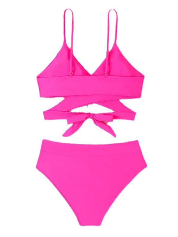 Sexy High-Waisted Strappy Swimsuit – Solid Color with Side Split