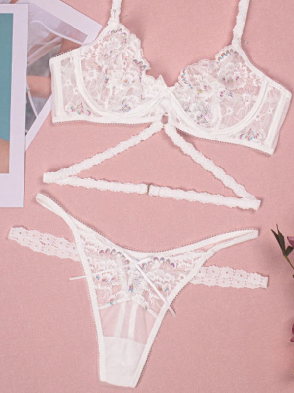 Embroidered Lace Lingerie Set – 3-Piece Bra, Thong & Garter with Underwire