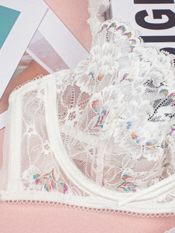 Embroidered Lace Lingerie Set – 3-Piece Bra, Thong & Garter with Underwire