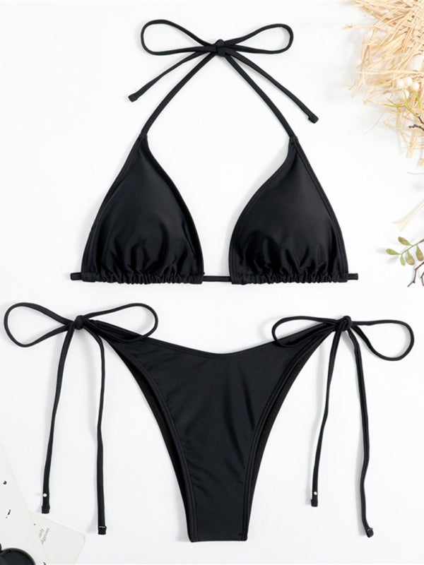 Solid Color Triangle Bikini – Split Strap Design & Moderate Stretch