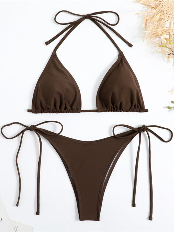 Solid Color Triangle Bikini – Split Strap Design & Moderate Stretch